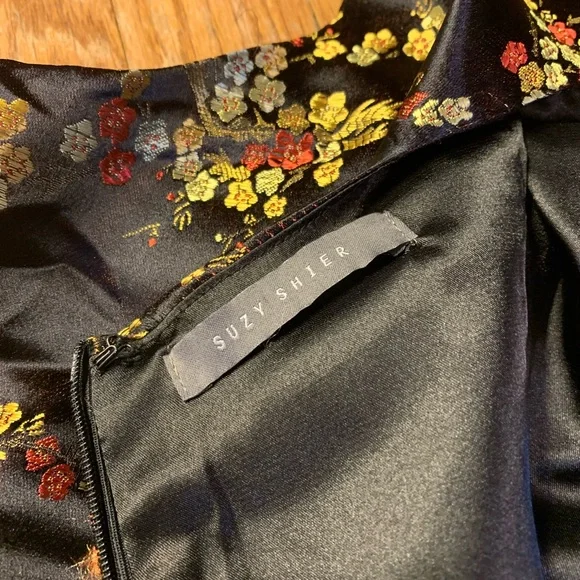 Vintage 90s Suzy Shier Floral Satin Cheongsam Qipao Mini Dress Black XL - Picture 4 of 7